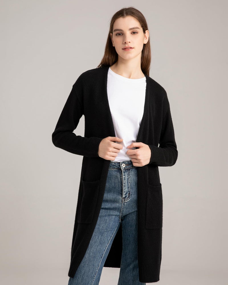 State Cashmere Long Sweater Cardigan Women 100% Pure Cashmere Cardigan with Pockets Cashmere Cardigans for Women (Black, Large) - Image 2